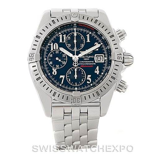 This image shows a front view of a Breitling Chronomat A13356 Men's Stainless Steel Grey Dial A13356 Men's Stainless Steel Grey Dial watch with a metal bracelet, dark dial, chronograph subdials, and date display.