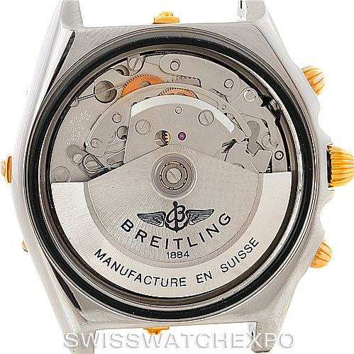 This image shows the caseback of the Breitling Chronomat B13050 Men's Steel and Gold (two tone) Black Dial B13050 Men's Steel and Gold (two tone) Black Dial, revealing internal mechanical components and the brand's engraving.