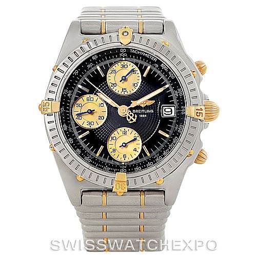 This image shows a front view of a Breitling Chronomat B13050 Men's Steel and Gold (two tone) Black Dial B13050 Men's Steel and Gold (two tone) Black Dial watch, highlighting the dial, subdials, bezel, and part of the bracelet.