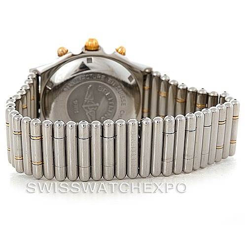 This image shows the back view of the Breitling Chronomat B13050 Men's Steel and Gold (two tone) Black Dial B13050 Men's Steel and Gold (two tone) Black Dial watch, focusing on the case back and stainless steel bracelet with gold accents.