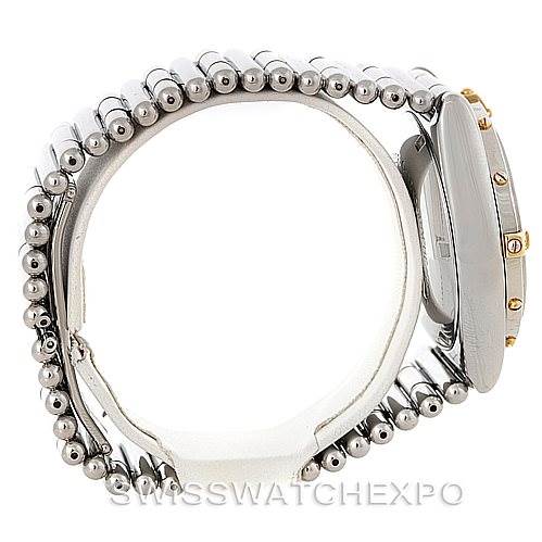 The image shows a side view of the Breitling Chronomat B13050 Men's Steel and Gold (two tone) Black Dial B13050 Men's Steel and Gold (two tone) Black Dial watch, highlighting its strap, clasp, and case.