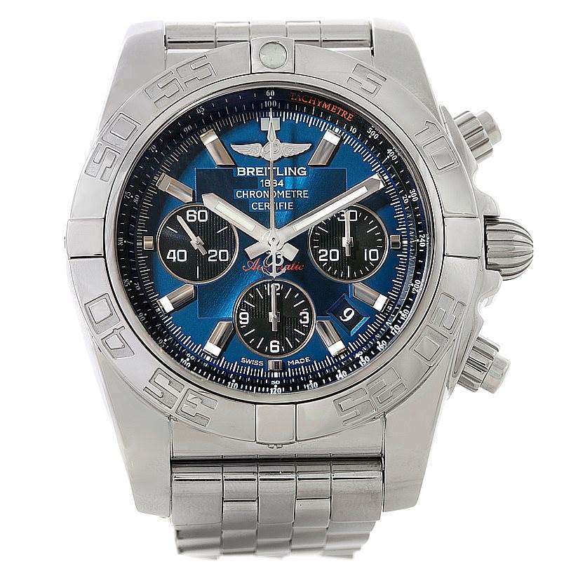 The image shows a front view of the Breitling Chronomat AB0110 Men's Stainless Steel Blue Dial AB0110 Men's Stainless Steel Blue Dial watch, highlighting the dial, bezel, and bracelet.