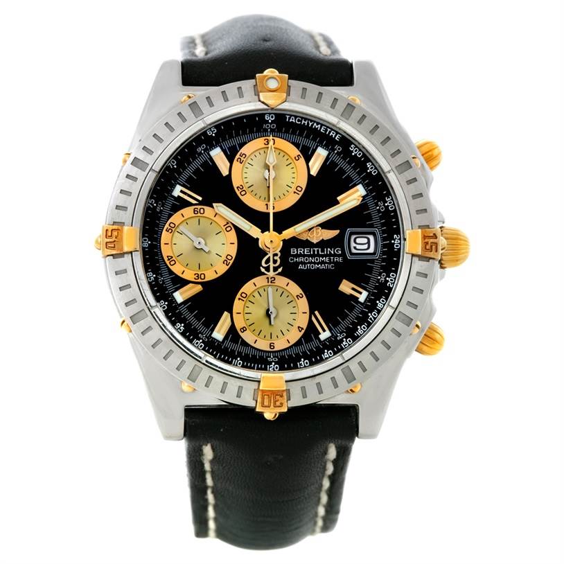 The image shows a front view of the Breitling Chronomat B13352 Men
s Steel and Gold (two tone) Black Dial B13352 Men
s Steel and Gold (two tone) Black Dial watch, highlighting its bezel, dial, strap, and chronograph sub-dials.