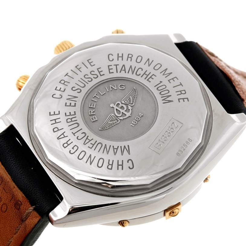 The image shows the case back of a Breitling Chronomat B13352 Men
s Steel and Gold (two tone) Black Dial B13352 Men
s Steel and Gold (two tone) Black Dial watch, indicating model details and water resistance.