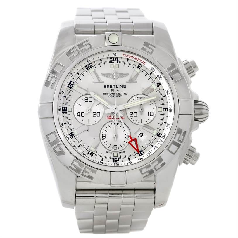 The image shows a front view of the Breitling Chronomat AB0410 Men's Stainless Steel Silver Dial AB0410 Men's Stainless Steel Silver Dial watch, displaying its dial, bezel, chronograph subdials, and bracelet.