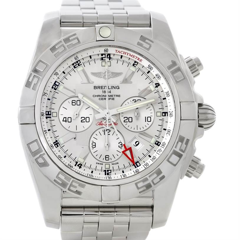 This image shows a front view of the Breitling Chronomat AB0410 Men's Stainless Steel Silver Dial AB0410 Men's Stainless Steel Silver Dial watch, highlighting the face, bezel, and bracelet.