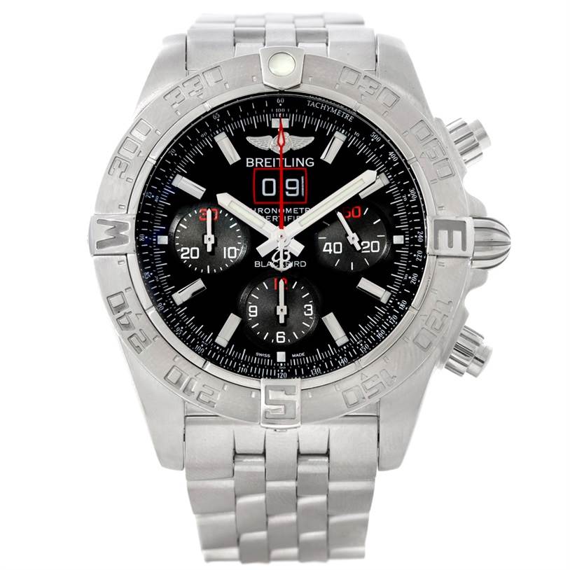 The Breitling Chronomat A44360 Men
s Stainless Steel Black Dial A44360 Men
s Stainless Steel Black Dial watch is shown from a front angle, displaying its metal bracelet, bezel, and chronograph function.