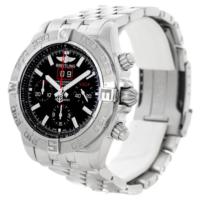 The Breitling Chronomat A44360 Men
s Stainless Steel Black Dial A44360 Men
s Stainless Steel Black Dial watch is shown at an angle displaying the face, bezel, crown, pushers, and part of the metal bracelet.