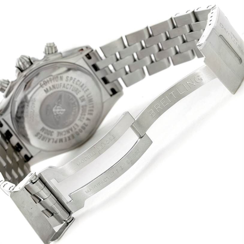The image shows the backside and clasp of the Breitling Chronomat A44360 Men
s Stainless Steel Black Dial A44360 Men
s Stainless Steel Black Dial watch, highlighting the closed deployment buckle and engraving.