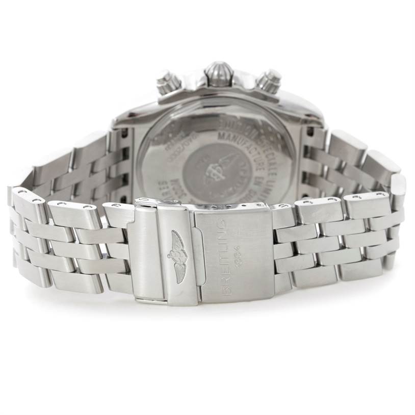The image shows the back side and stainless steel bracelet of a Breitling Chronomat A44360 Men
s Stainless Steel Black Dial A44360 Men
s Stainless Steel Black Dial watch.