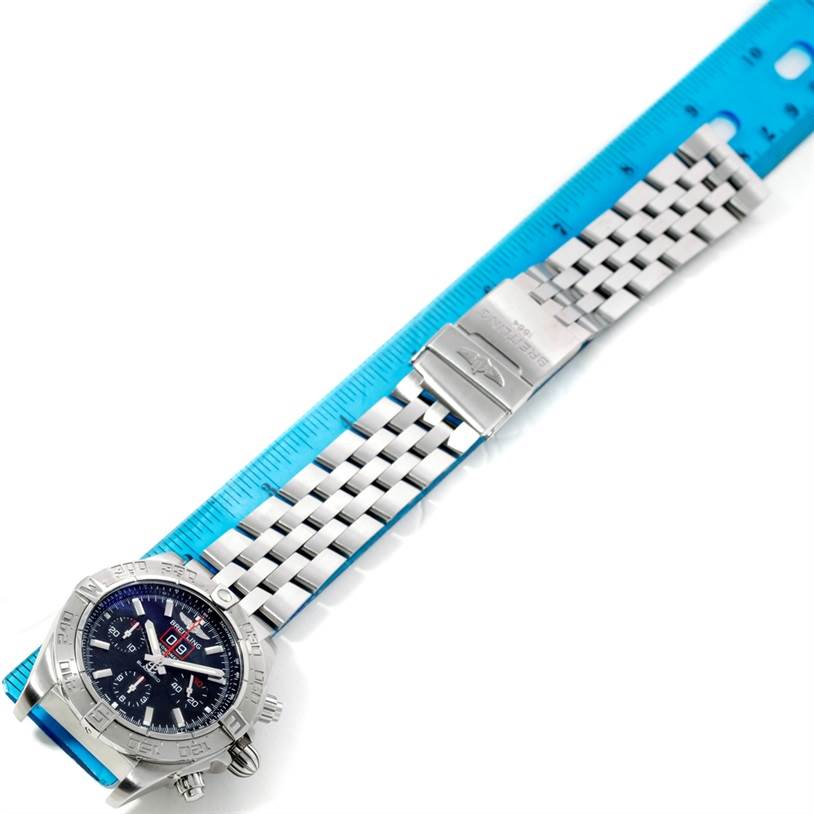 The image shows a Breitling Chronomat A44360 Men
s Stainless Steel Black Dial A44360 Men
s Stainless Steel Black Dial watch laid flat with the face and metal bracelet fully visible.