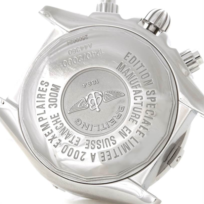 The image shows the back case of a Breitling Chronomat A44360 Men
s Stainless Steel Black Dial A44360 Men
s Stainless Steel Black Dial watch, highlighting the branding and special edition inscriptions.