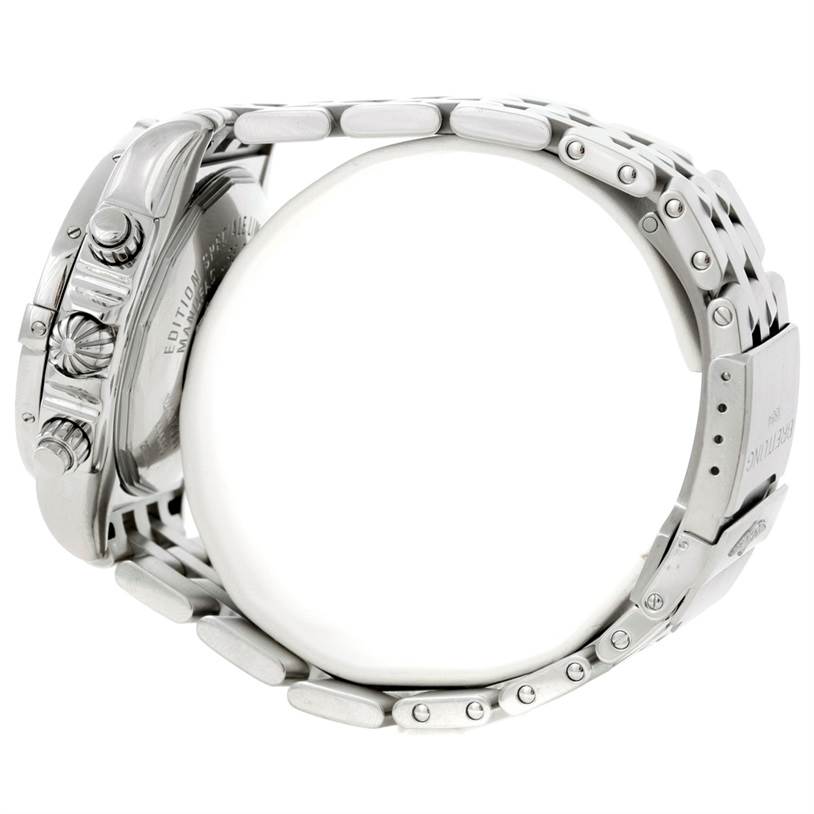 This side view of the Breitling Chronomat A44360 Men
s Stainless Steel Black Dial A44360 Men
s Stainless Steel Black Dial watch shows the crown, pushers, and part of the bracelet.