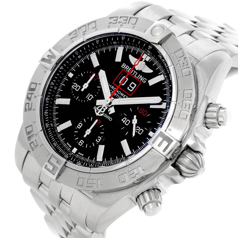 The image shows a Breitling Chronomat A44360 Men
s Stainless Steel Black Dial A44360 Men
s Stainless Steel Black Dial watch from a front angle, highlighting its black dial, bezel, and metal bracelet.