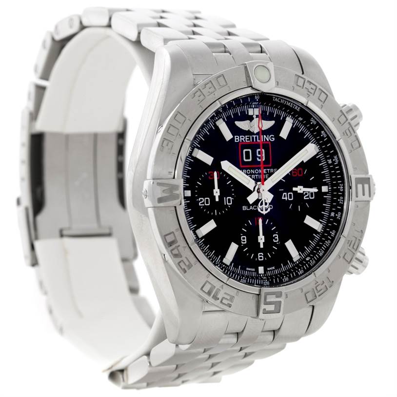 This image shows a Breitling Chronomat A44360 Men
s Stainless Steel Black Dial A44360 Men
s Stainless Steel Black Dial watch from an oblique angle, highlighting its dial, bezel, and metal bracelet.