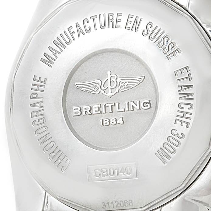 This image shows the back case of a Breitling Chronomat CB0140 Men's Steel and Gold (two tone) White Dial CB0140 Men's Steel and Gold (two tone) White Dial watch, featuring the brand's logo and model details.