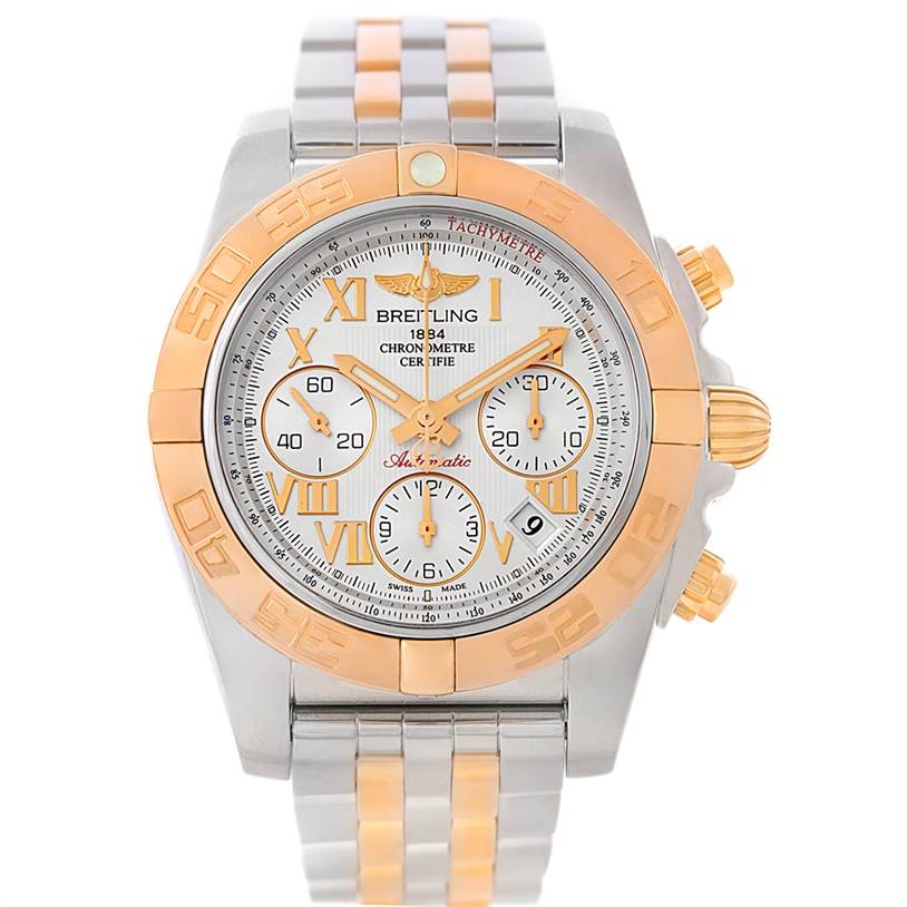 This image shows a front view of the Breitling Chronomat CB0140 Men's Steel and Gold (two tone) White Dial CB0140 Men's Steel and Gold (two tone) White Dial watch, highlighting its dial, casing, bezel, and bracelet.