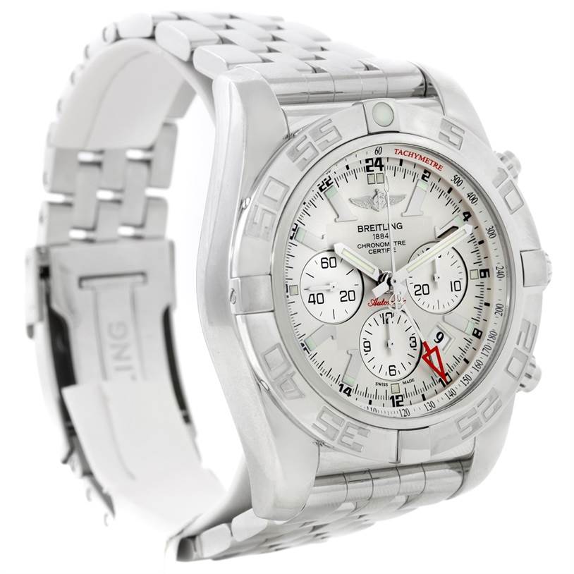 This image shows a side angle of the Breitling Chronomat AB0410 Men's Stainless Steel Silver Dial AB0410 Men's Stainless Steel Silver Dial watch, featuring the dial, bezel, and part of the stainless steel bracelet.