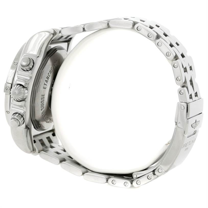 The image shows the side profile and clasp closure of the Breitling Chronomat AB0410 Men's Stainless Steel Silver Dial AB0410 Men's Stainless Steel Silver Dial watch, highlighting its metal bracelet and case back.