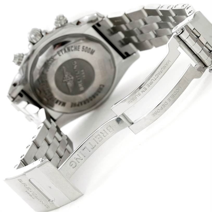 This image shows the back case and clasp of a Breitling Chronomat AB0410 Men's Stainless Steel Silver Dial AB0410 Men's Stainless Steel Silver Dial watch, highlighting its stainless steel bracelet and engraving.