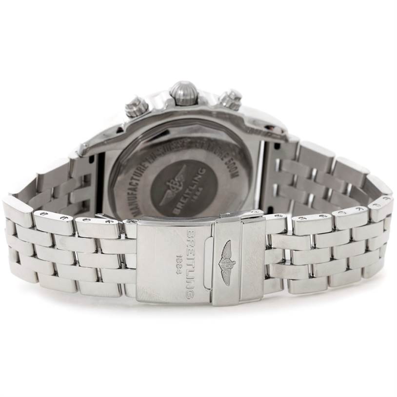 This image shows the back and clasp of a Breitling Chronomat AB0410 Men's Stainless Steel Silver Dial AB0410 Men's Stainless Steel Silver Dial watch from a rear angle.