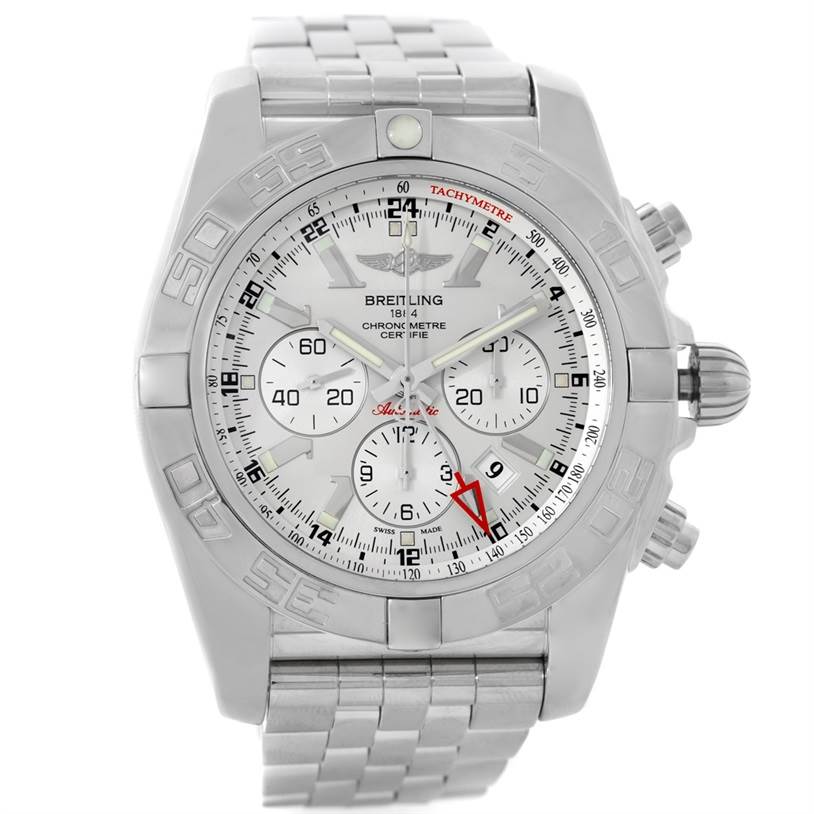 This image shows a front view of the Breitling Chronomat AB0410 Men's Stainless Steel Silver Dial AB0410 Men's Stainless Steel Silver Dial watch, displaying its face, bezel, and bracelet.