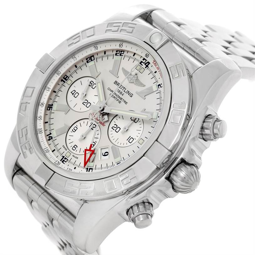 This image shows a close-up angled view of a Breitling Chronomat AB0410 Men's Stainless Steel Silver Dial AB0410 Men's Stainless Steel Silver Dial watch, highlighting its face, bezel, crown, and pushers.