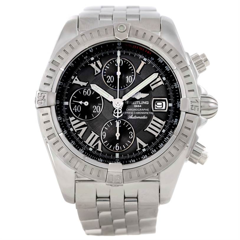The image shows a frontal view of the Breitling Chronomat A13356 Men's Stainless Steel Grey Dial A13356 Men's Stainless Steel Grey Dial watch displaying its face, bezel, dials, and stainless steel bracelet.