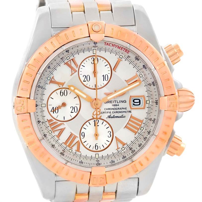 The image shows a front view of the Breitling Chronomat C13356 Men's Steel and Gold (two tone) White Dial C13356 Men's Steel and Gold (two tone) White Dial watch face and bezel.
