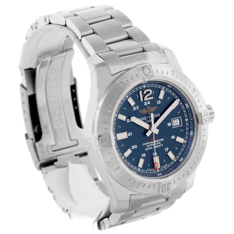 The image shows a Colt model by Breitling at a slight angle, highlighting the watch face, bezel, and metal bracelet.