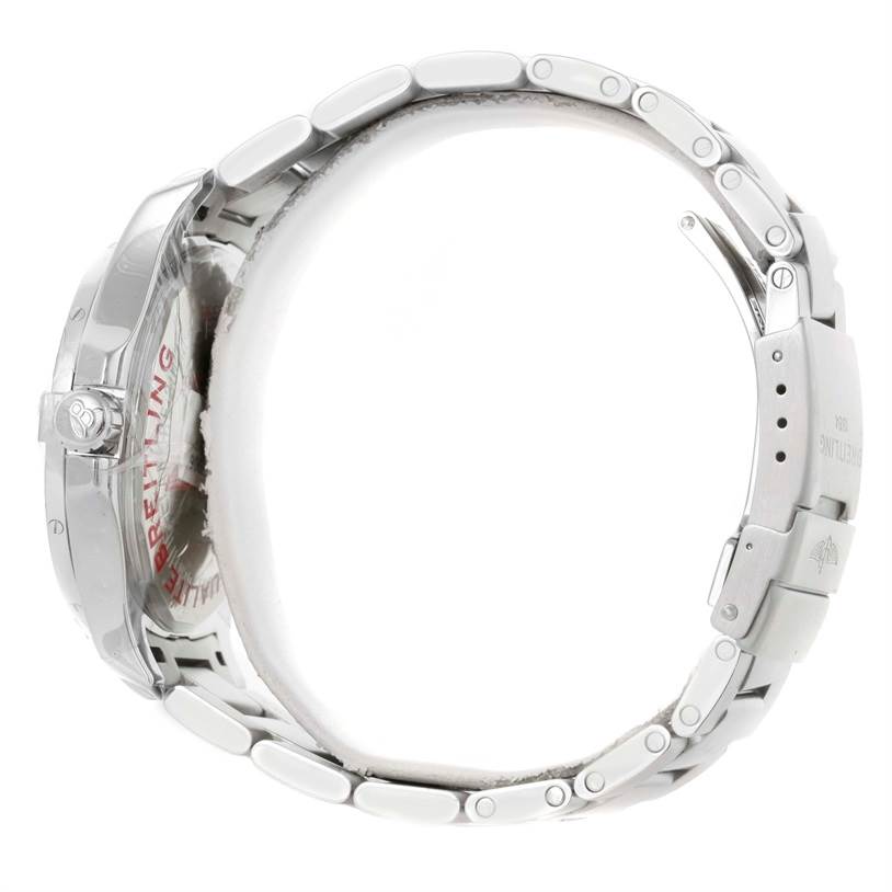 The image shows a side view of the Breitling Colt A17388 Men
s Stainless Steel Blue Dial A17388 Men
s Stainless Steel Blue Dial watch, highlighting its bracelet and clasp.