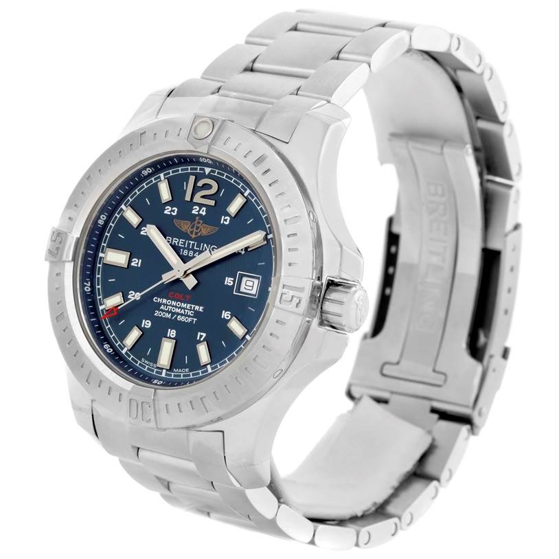 This image shows a Breitling Colt A17388 Men
s Stainless Steel Blue Dial A17388 Men
s Stainless Steel Blue Dial watch from an oblique angle, displaying the dial, bezel, crown, and part of the bracelet.