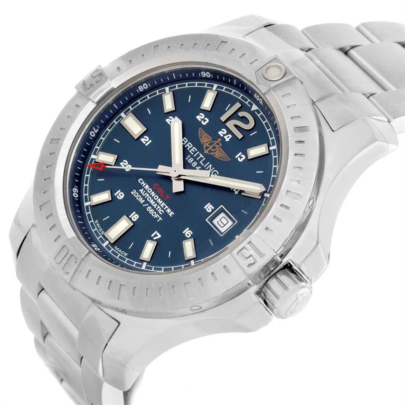 The image shows a Breitling Colt A17388 Men
s Stainless Steel Blue Dial A17388 Men
s Stainless Steel Blue Dial watch at an angle highlighting the face, bezel, crown, and part of the bracelet.