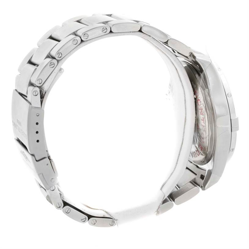 The image shows the side view of a Breitling Colt A17388 Men
s Stainless Steel Blue Dial A17388 Men
s Stainless Steel Blue Dial watch, highlighting its stainless steel bracelet and clasp.