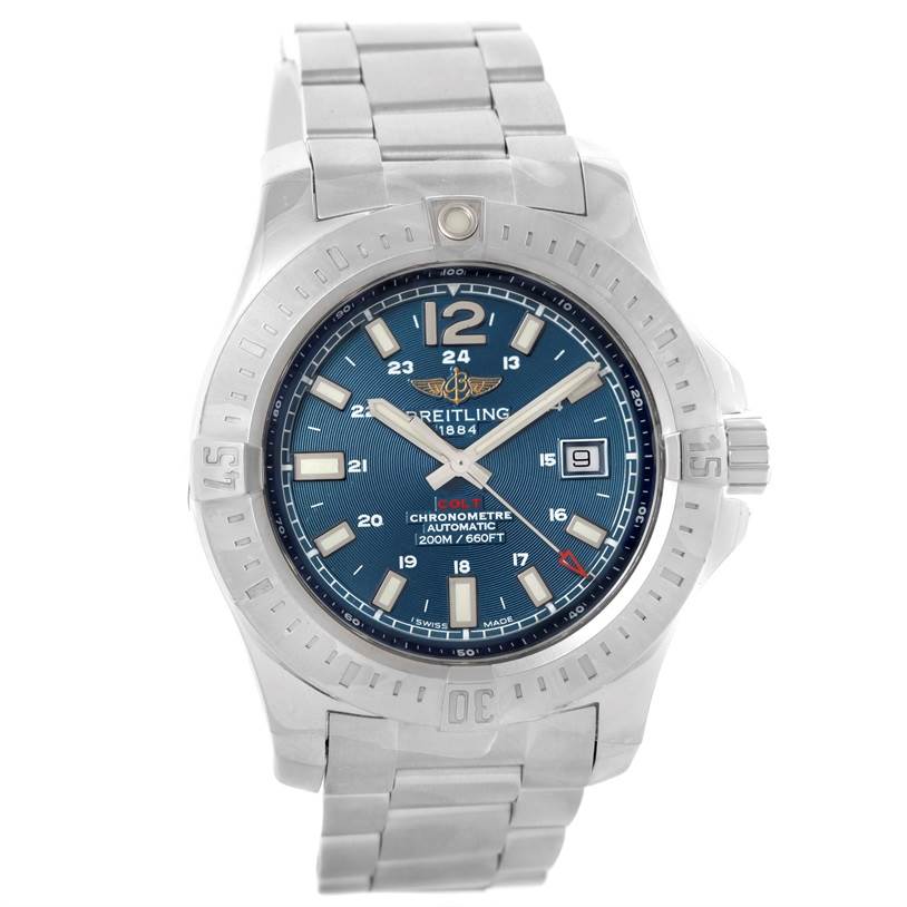 This image shows a front view of a Breitling Colt A17388 Men
s Stainless Steel Blue Dial A17388 Men
s Stainless Steel Blue Dial watch, highlighting its bezel, dial, hands, date window, and bracelet.