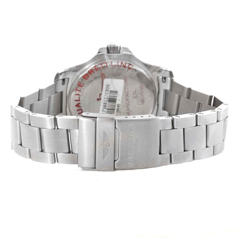 The image shows the back and clasp of the Breitling Colt A17388 Men
s Stainless Steel Blue Dial A17388 Men
s Stainless Steel Blue Dial watch, highlighting its stainless steel bracelet.