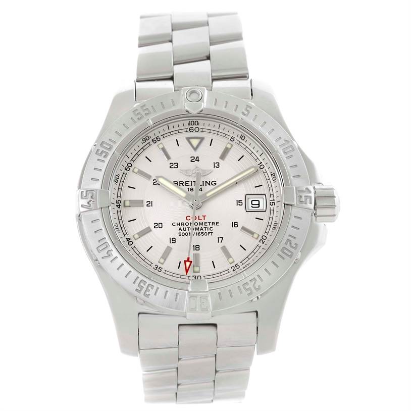 The image shows a front view of the Breitling Colt A17380 Men's Stainless Steel Silver Dial A17380 Men's Stainless Steel Silver Dial watch, highlighting its face, bezel, crown, and bracelet.