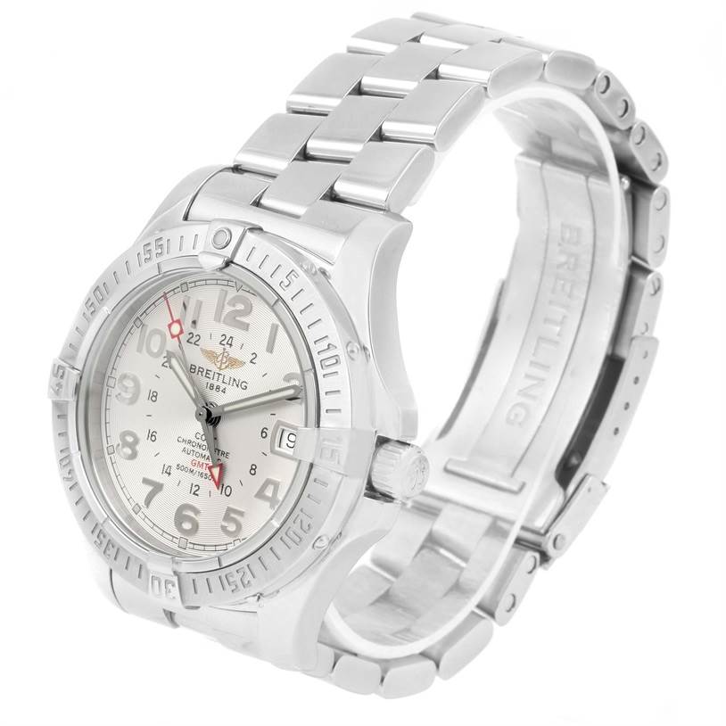 The image shows a side angle of the Breitling Colt A32350 Men's Stainless Steel Beige Dial A32350 Men's Stainless Steel Beige Dial watch, display case, bracelet, and crown.