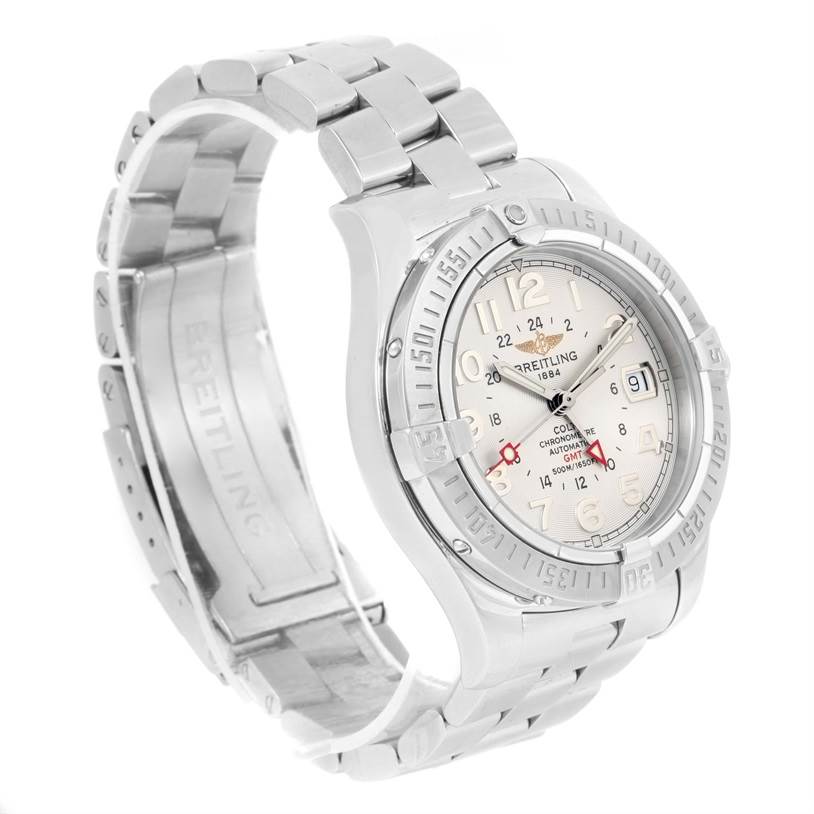 This image shows a side angle view of a Breitling Colt A32350 Men's Stainless Steel Beige Dial A32350 Men's Stainless Steel Beige Dial watch, displaying its dial, bezel, bracelet, and clasp.