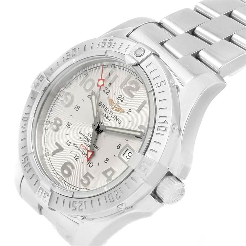 The Breitling Colt A32350 Men's Stainless Steel Beige Dial A32350 Men's Stainless Steel Beige Dial watch is shown at an oblique angle, highlighting the dial, bezel, and part of the metal bracelet.