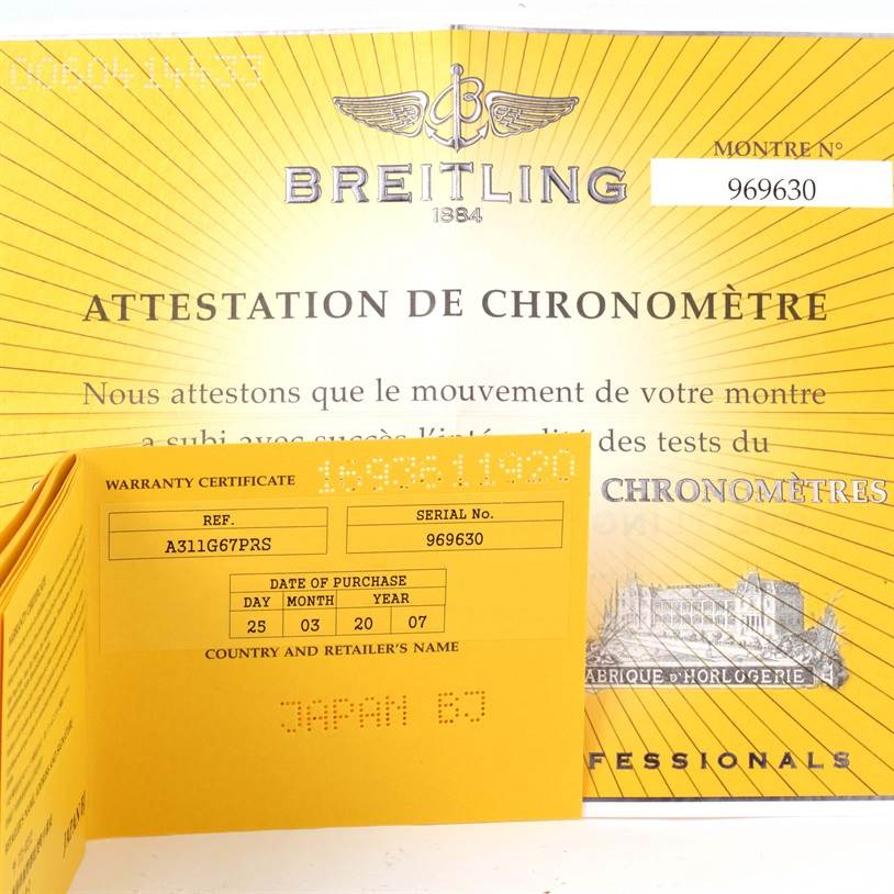The image shows the warranty certificate and chronometer attestation papers for a Breitling Colt A32350 Men's Stainless Steel Beige Dial A32350 Men's Stainless Steel Beige Dial watch.