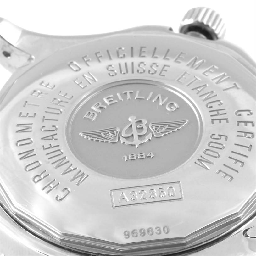 The image shows the case back of the Breitling Colt A32350 Men's Stainless Steel Beige Dial A32350 Men's Stainless Steel Beige Dial watch, highlighting its engravings and crown.