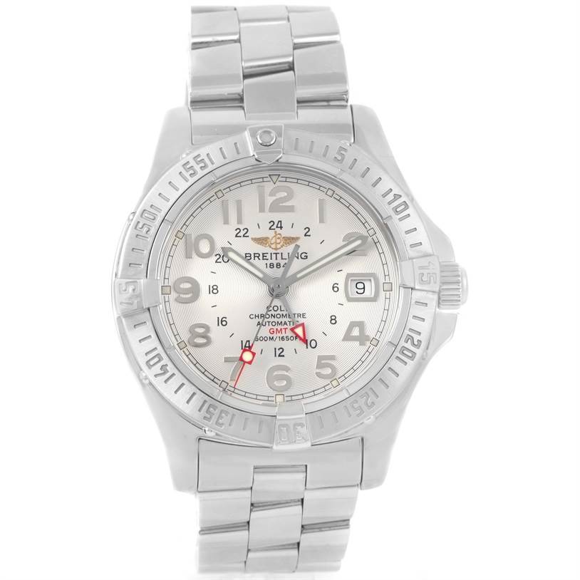The image shows a frontal view of a Breitling Colt A32350 Men's Stainless Steel Beige Dial A32350 Men's Stainless Steel Beige Dial model watch, including the face, bezel, and stainless steel bracelet.