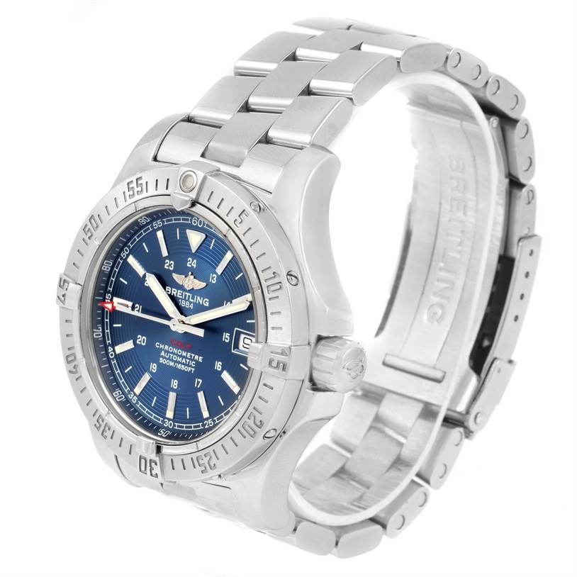 This image shows a Breitling Colt A17380 Men
s Stainless Steel Blue Dial A17380 Men
s Stainless Steel Blue Dial watch from an angled side view, highlighting its blue dial, metal bracelet, bezel, and crown.