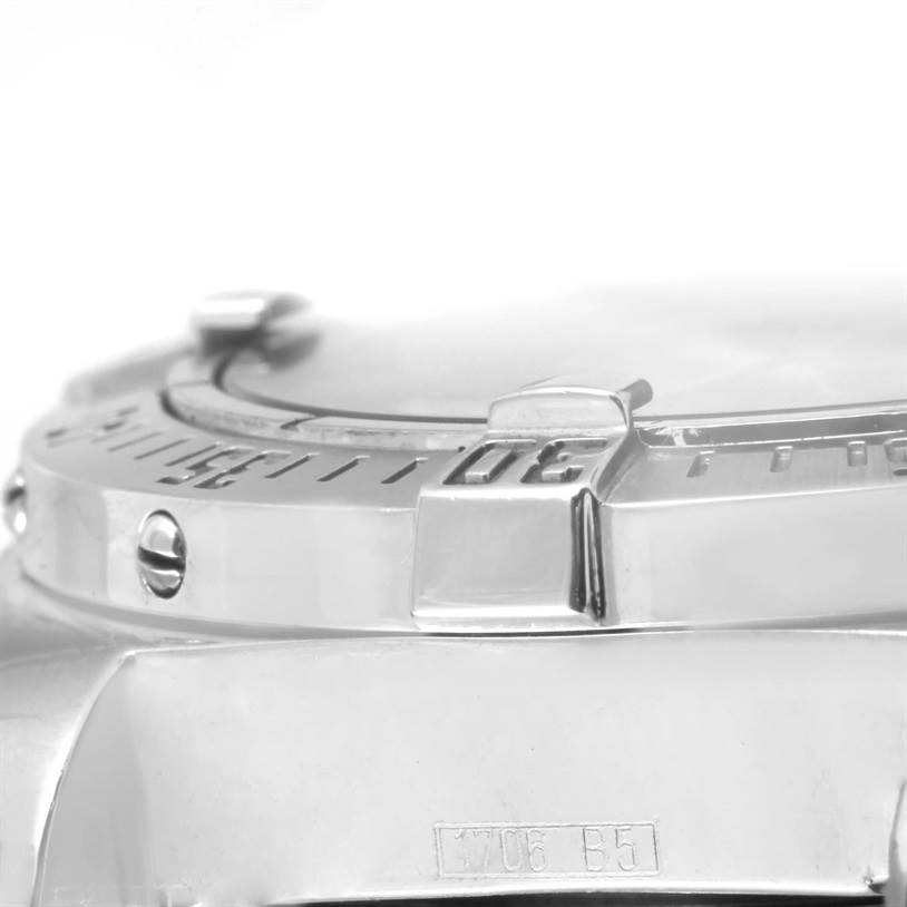 This image shows a close-up side angle of the bezel and case of the Breitling Colt A17380 Men
s Stainless Steel Blue Dial A17380 Men
s Stainless Steel Blue Dial watch.