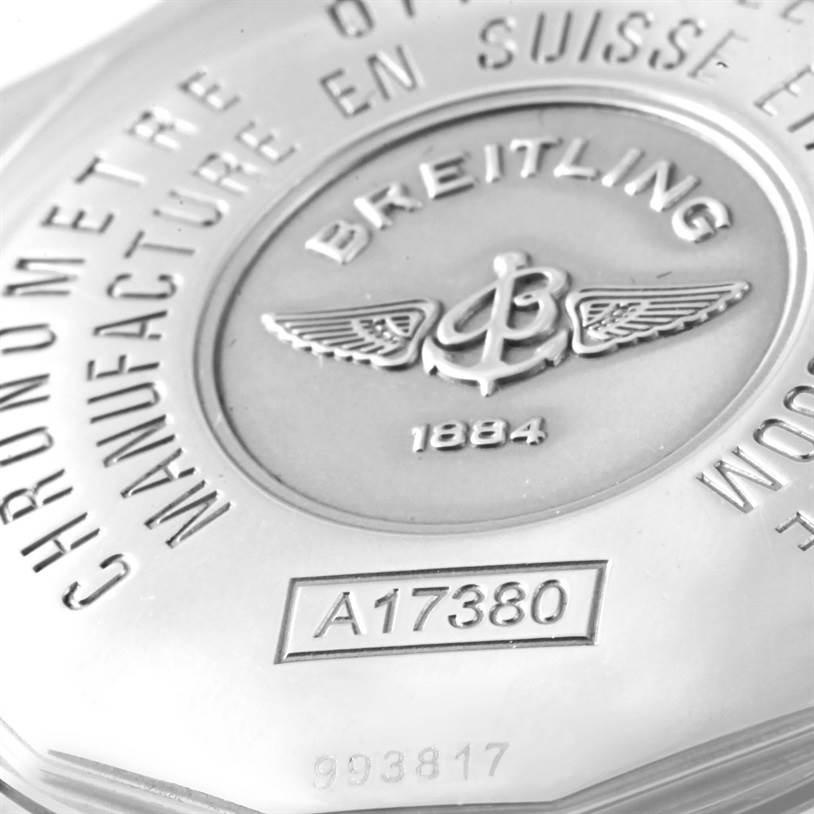 This is a close-up shot of the case back of the Breitling Colt A17380 Men
s Stainless Steel Blue Dial A17380 Men
s Stainless Steel Blue Dial A17380 watch.