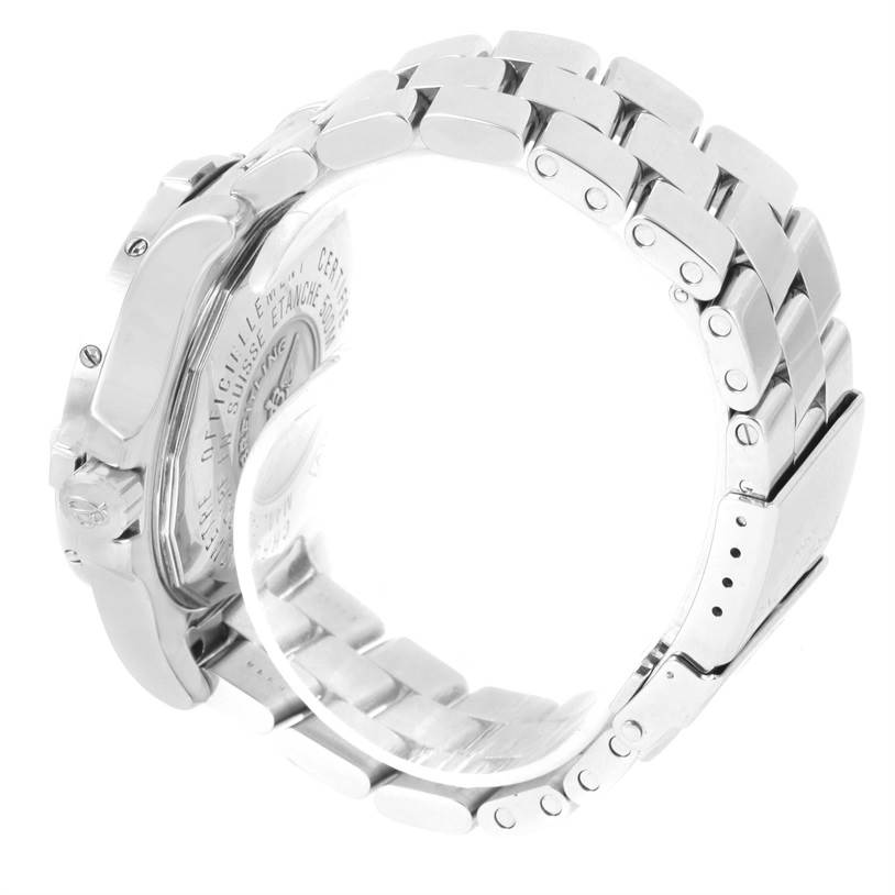 The image shows the back and side view of the Breitling Colt A17380 Men
s Stainless Steel Blue Dial A17380 Men
s Stainless Steel Blue Dial watch, highlighting its case back and metal bracelet.