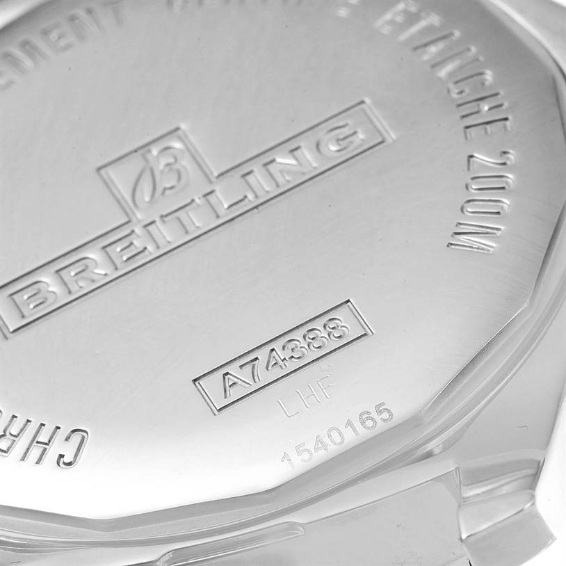 The image shows the back case of a Breitling Colt A74388 Men
s Stainless Steel Blue Dial A74388 Men
s Stainless Steel Blue Dial watch, featuring engraved brand and model details.