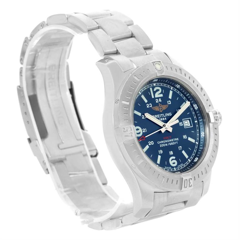 The angle shows a partial side and front view of the Breitling Colt A74388 Men
s Stainless Steel Blue Dial A74388 Men
s Stainless Steel Blue Dial watch, highlighting its blue dial and metal bracelet.