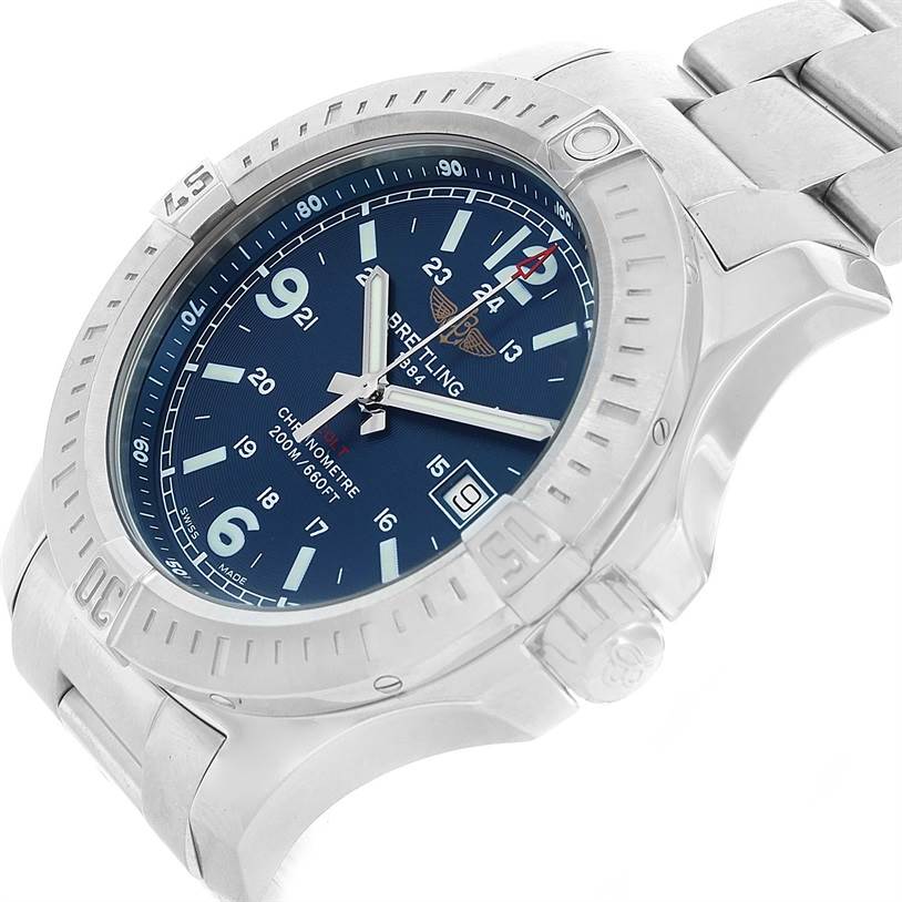 The image shows a side angle of the Breitling Colt A74388 Men
s Stainless Steel Blue Dial A74388 Men
s Stainless Steel Blue Dial watch, featuring its blue dial, bezel, crown, and part of the bracelet.
